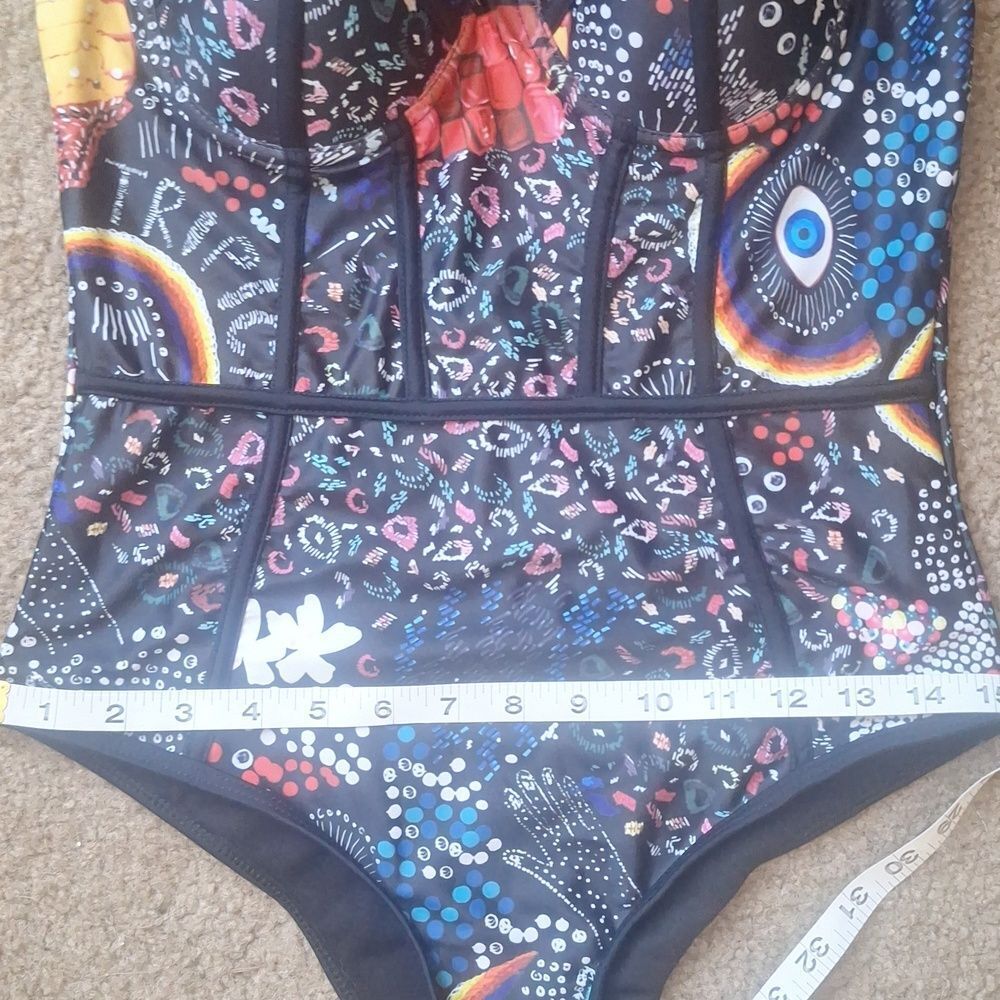 Vibrant Tropical Bustier One-Piece Swimsuit Rainbow Graphic & Black Piping Sz M - Picture 7 of 7